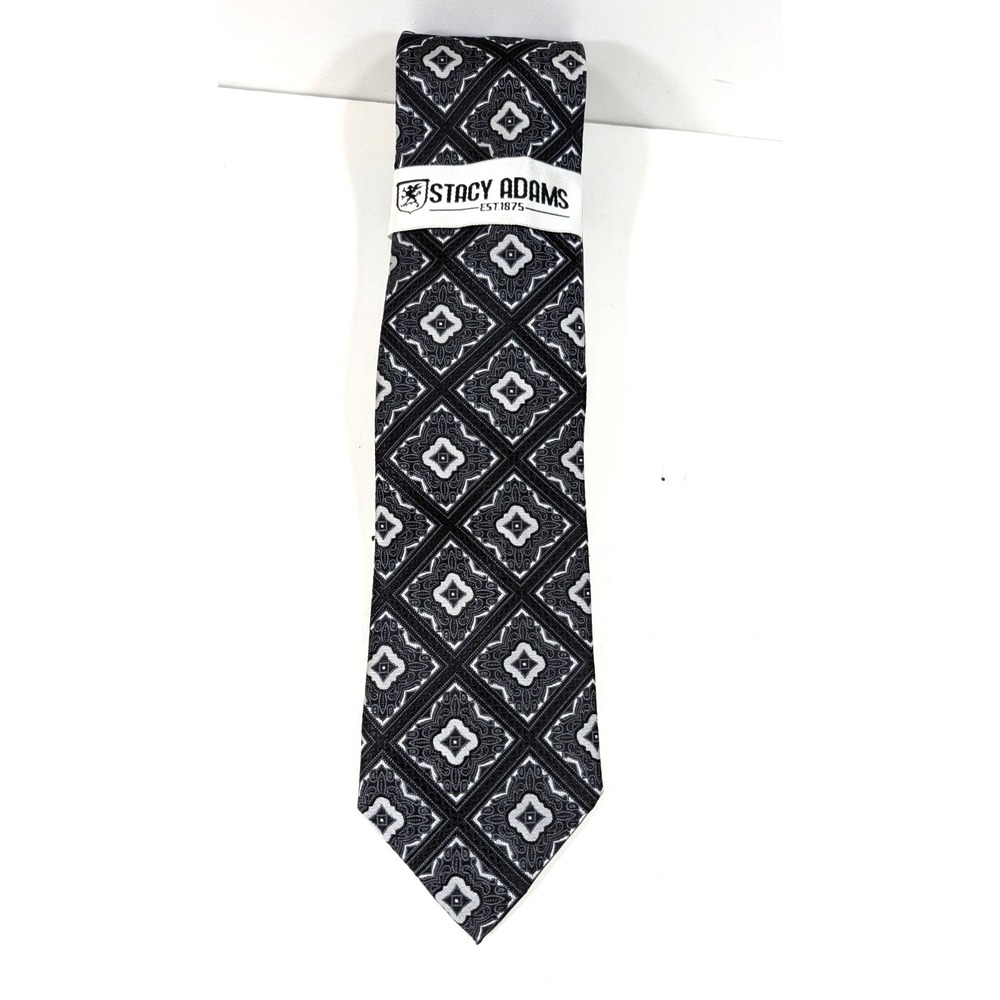 Mens Stacy Adams Geometric Black Pattern Tie With Matching Pocket Square NEW